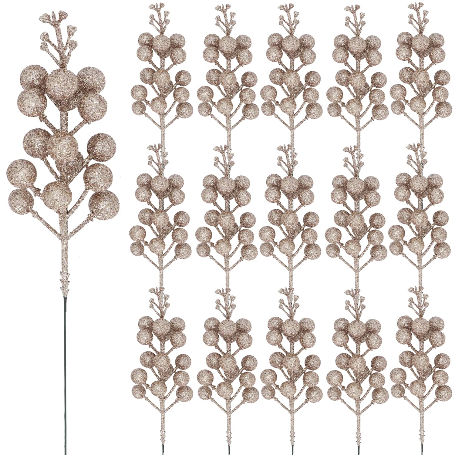 Pack of 16 Christmas Glitter Berry Stem, Artificial Berry Picks Holly Berries Branches for Christmas Tree Decoration Wreath Making Supplies DIY Crafts Holiday Season Winter Home Decor (Champagne gold)