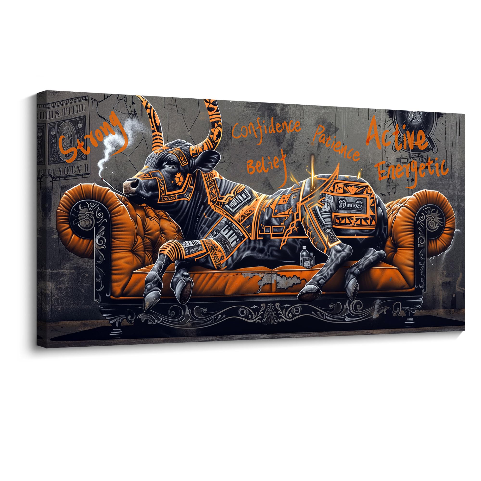 Photo 1 of ***FACTORY SEALED***JEAWA Texas Longhorn Wall Art - Modern Street Cow Strong Funny Graffiti Abstract Poster Print Canvas Painting for Living Room Bedroom Bathroom Office Men Boy Game Room Home Decor 20x40 IN