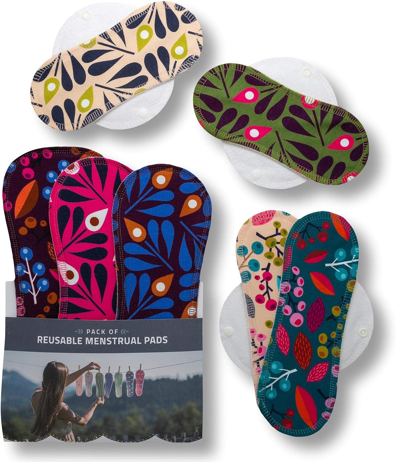 Made in EU, Reusable Sanitary Pads for Light to Heavy Flow, 7 Pack (S, M, L & XL)