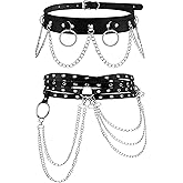 LOREMOW 2 Pcs Black Leather Waist Chain Belt Womens Punk Waist Belly Chain Layered Goth Body Chain Nightclub Party Body Jewelry Accessories