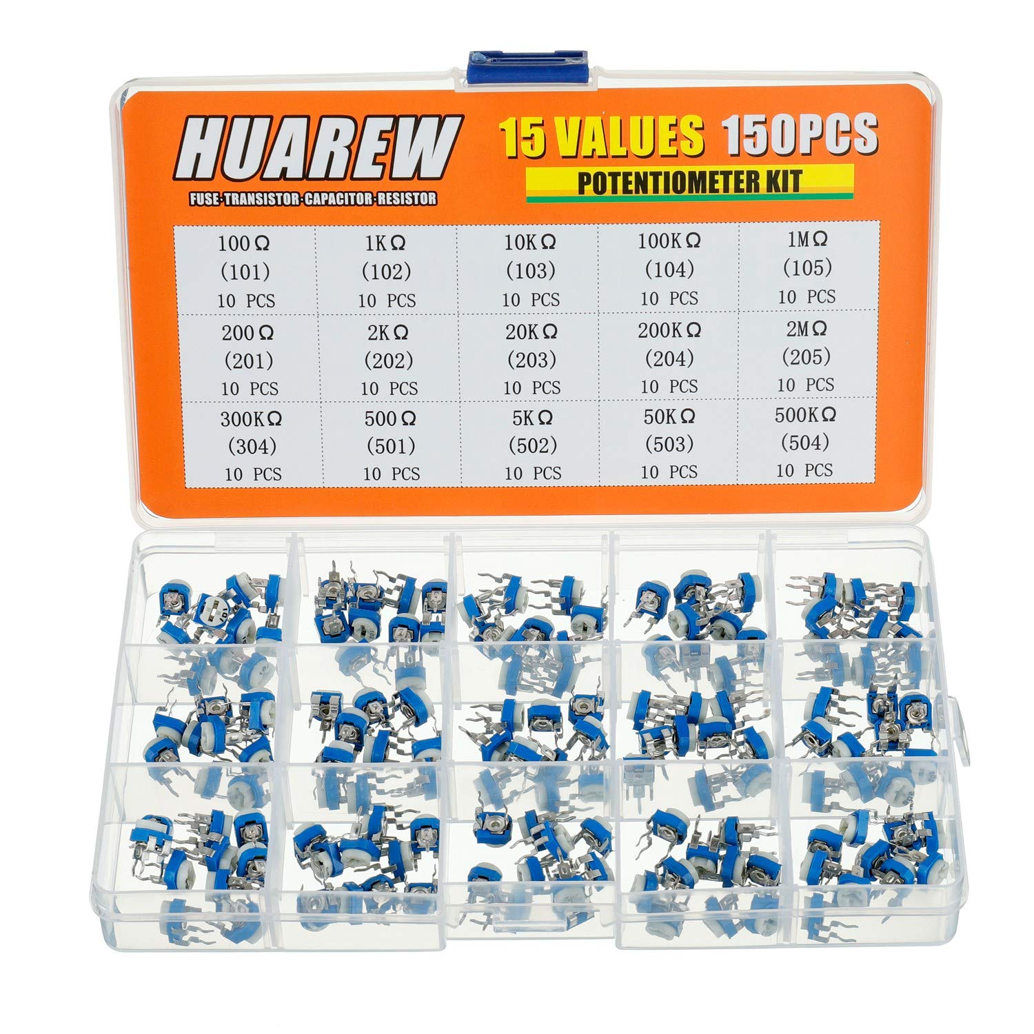 HUAREW 15 Values 150 Pcs Blue and white adjustable resistance carbon film potentiometer 100 Ohm- 2M Ohm 6 mm Vertical pin variable trimmer resistor Assortment Kit