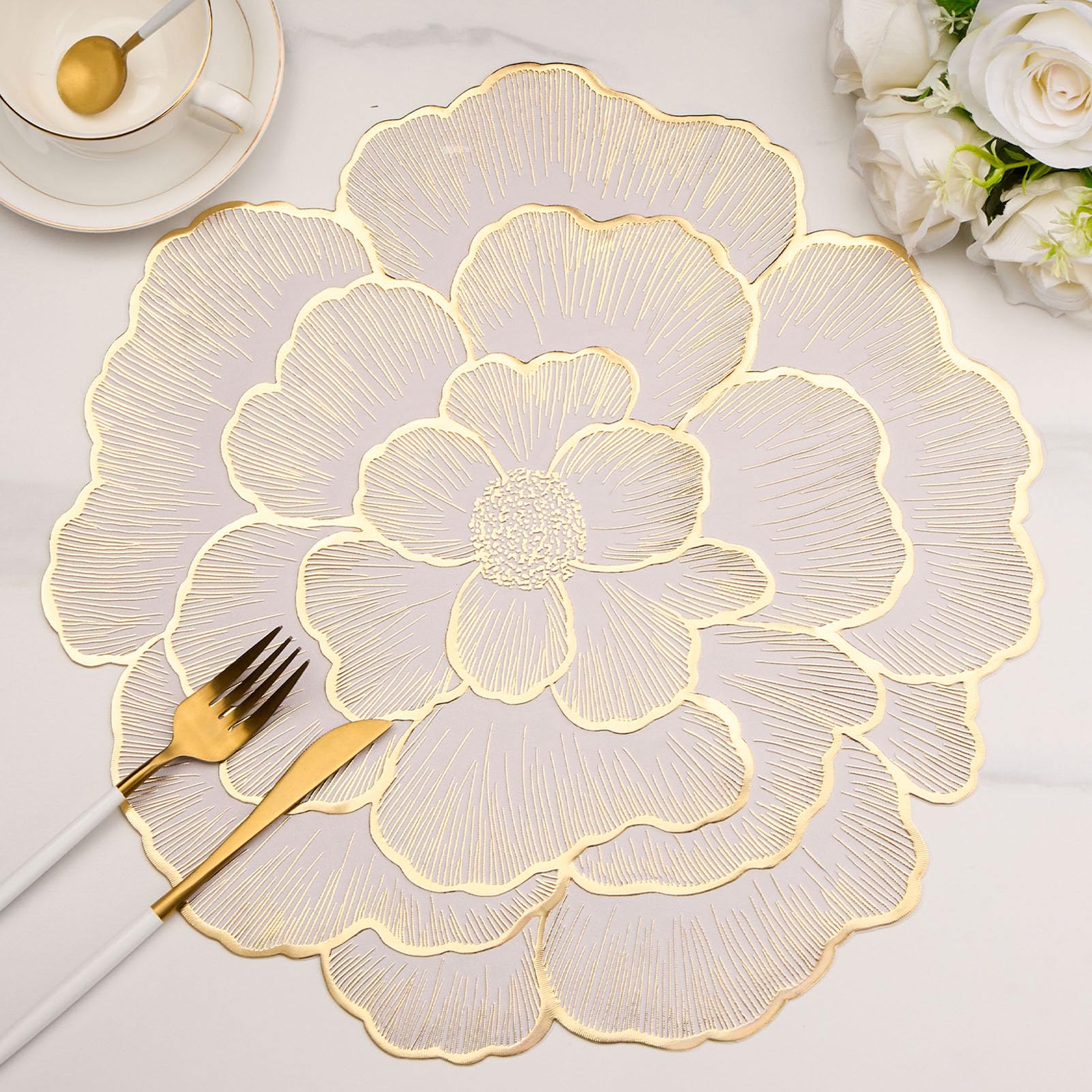 Photo 1 of 15 Inch Gold Floral Shaped Vinyl Placemats for Dinner Table Set of 6 Plastic Dining Table Mats for Wedding Annersary Kitchen Decoration