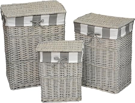 Lot 3 Paniers Set De 3 Coffres à Linge Osier En Bois Lasuré Gris Taupe Housse Amovible En Coton Rayée Gris Taupe Et Blanc