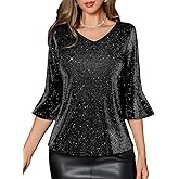 HomRain Womens Ruffle 3/4 Sleeve Sparkle Top Blouses Casual Shirts V-Neck Glitter Night Out Tops for Elegant Evening