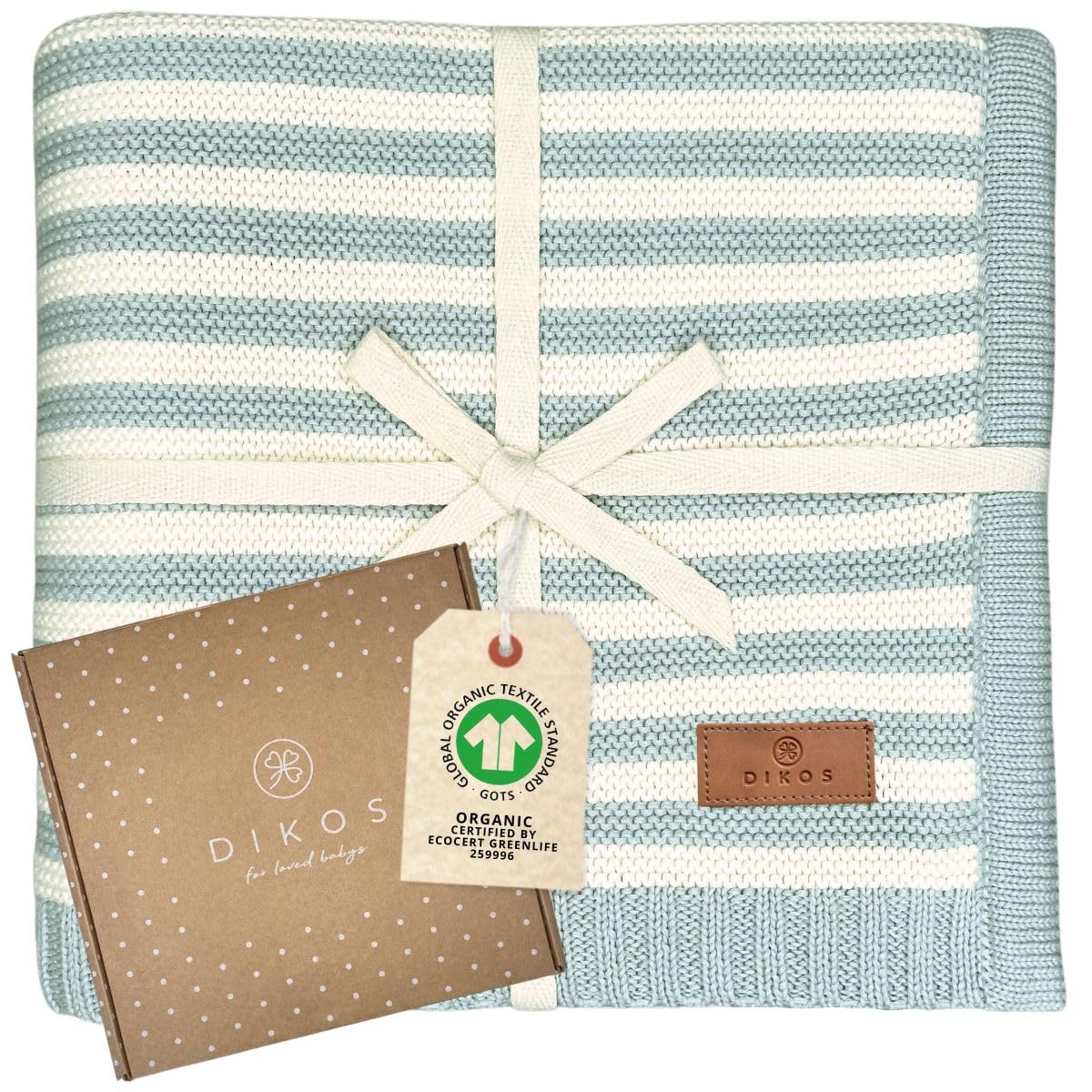 DIKOS® 100% GOTS Organic Cotton Mint Baby Knitted Striped Blanket 75 x 100 cm Unisex Winter Baby Blanket