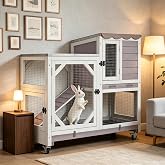 GUTINNEEN Wooden Duplex Rabbit Cage on Wheels with Chew-Proof Ramp, Grey | 4 mobile swivel casters, 2-story design, waterproof rain cover, 5 access doors, 2 sliding trays