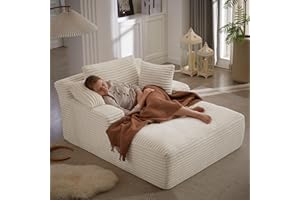 HANLIVES 49.2" Oversized Chaise Lounge Chair, Comfy Corduroy Fabric Single Sofa Chair, Upholstered Reading Lounge Chair with Pillows for Living Room or Bedroom, Frameless Design, White