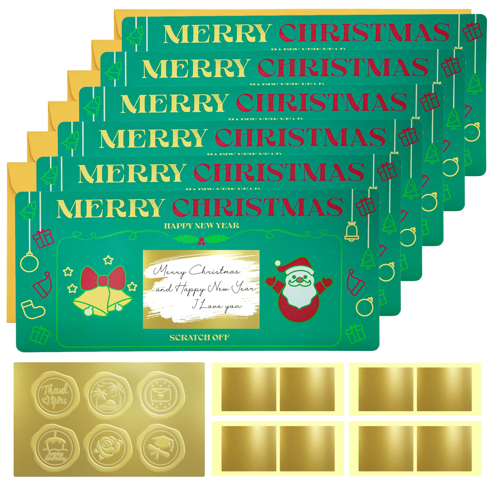6 Set Christmas Cards with Envelopes,Christmas Scratch Card Surprise Gift Reveal, 20cmx9cm Happy New Years Cards, Green Santa Claus for Writing Your Own Special for Girlfriend, Wive, Family,Friend,Kid