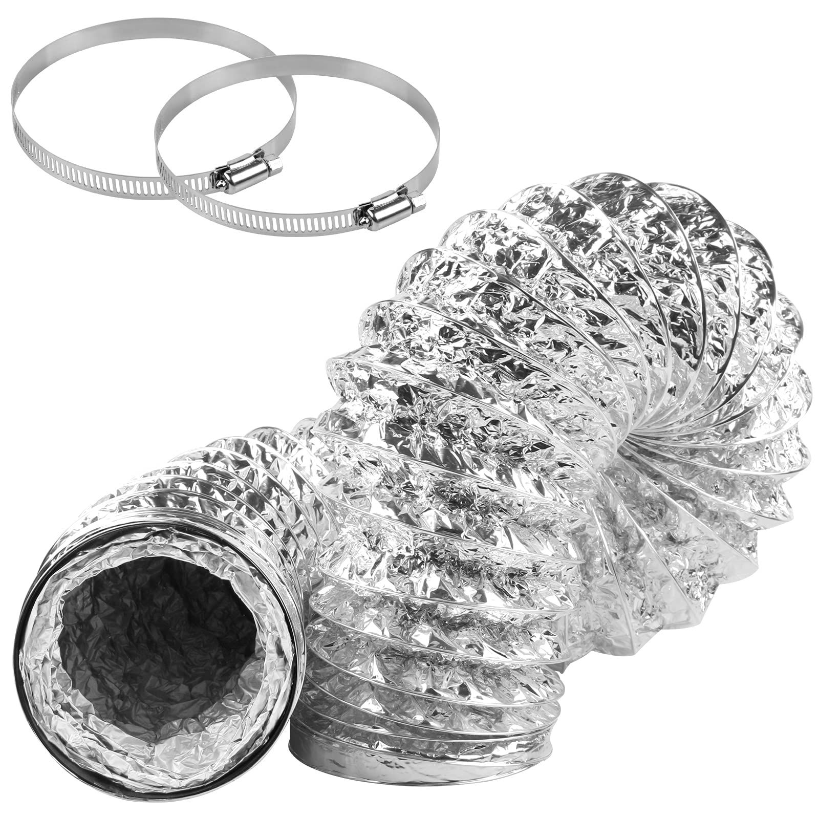 Photo 1 of CABAX Dryer Vent Hose 4 Inch 5 Feet Non-Insulated Flex Air Aluminum Foil Ducting for HVAC Ventilation with 2 Clamps, Silver