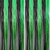 2 Pack 3.3ft×8.2ft Black Green Metal Tinsel Foil Fringe Curtains Backdrop Door Window Streamers Birthday St Patrick's Day Halloween Bachelorette Graduation Hawaiian Jungle New Year Party Decoration