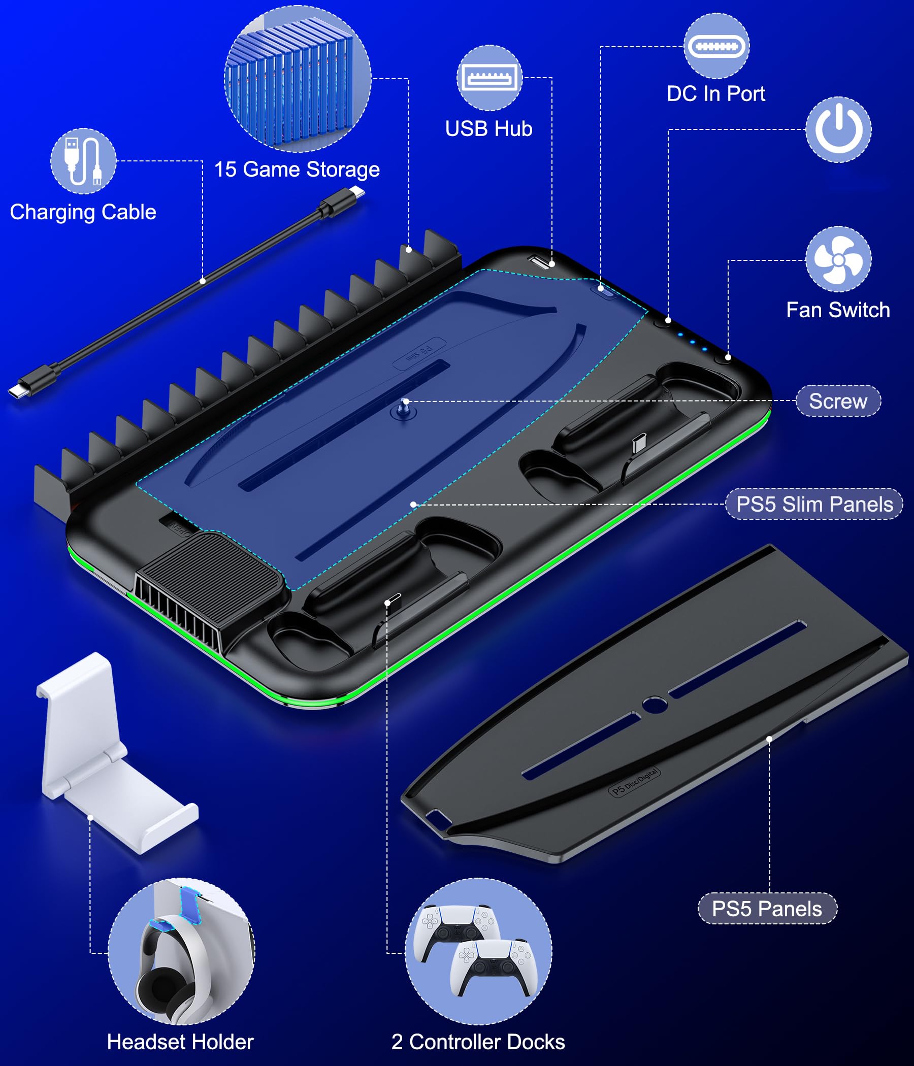 PS5/PS5 Slim Stand and Cooling Station with Controller Charging Station for Playsation 5, PS5 Accessories Kit Incl. 3 Levels Cooling Fan, LED, 15 Game Slot, Headset Holder for PS5 Digital/Disc Console
