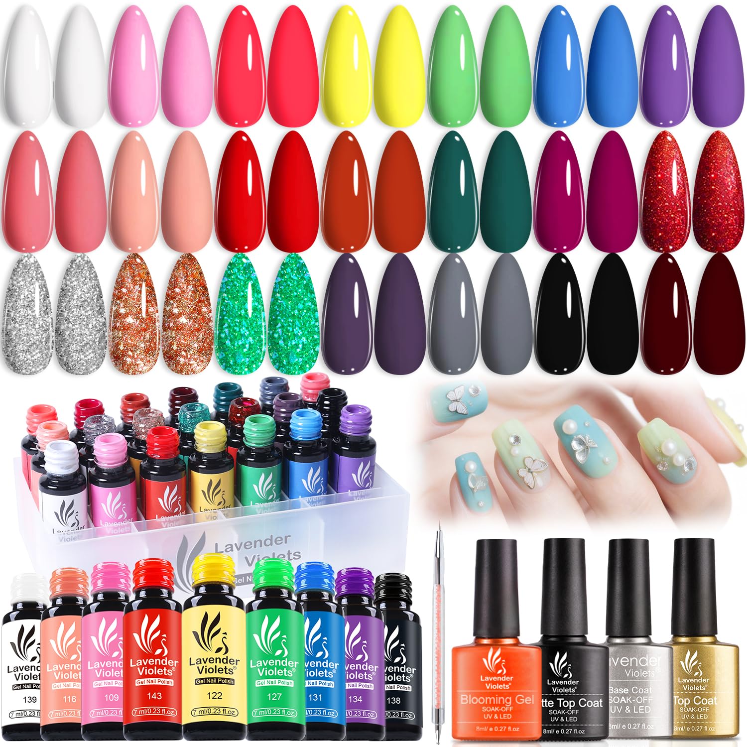 Lavender Violets 25 Pcs Gel Nail Polish Set,UV LED Soak Off Base,Glossy n Matte Top Coat,Blooming Gel Brush Pen Red Green Sliver Glittery Gold Classical White Pink Purple Grey Black Blue Nail Art C997
