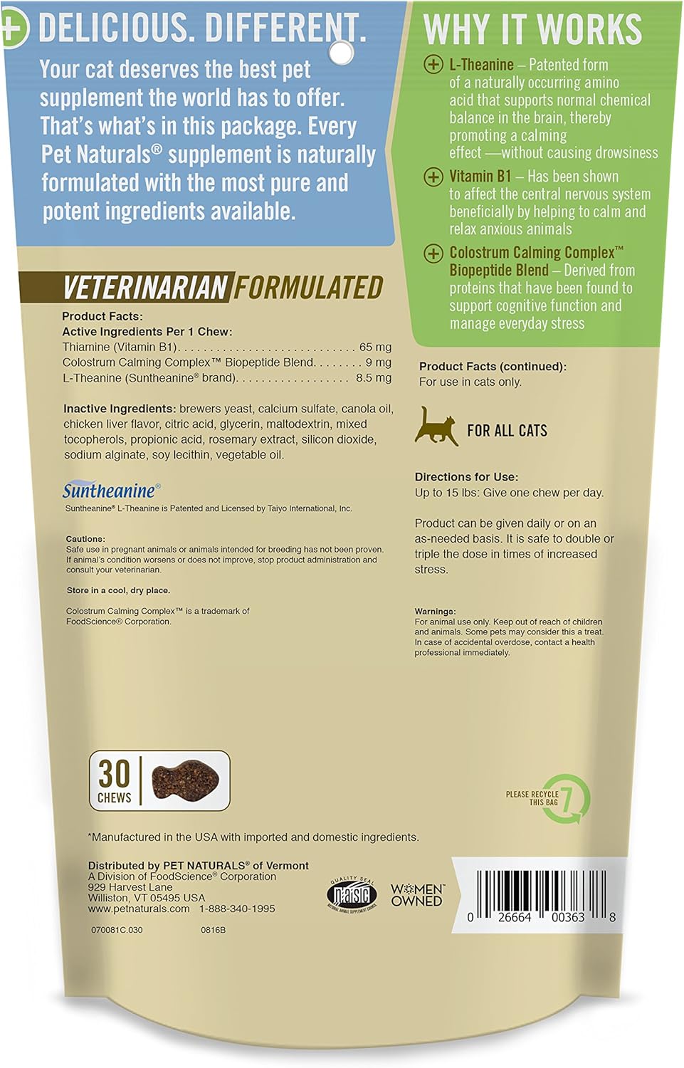 Pet Naturals of Vermont - Calming for Cats, Behavioral Support Supplement, 30 Bite Size Chews : Pet Supplies