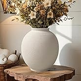 White & Round Ceramic Vase Home Decor, Large Farmhouse Table Vases Rustic Living Room Entrway Kitchen Bedroom Decorations, Minimalist Hand-Made Textured Vase (9.8”H Sandstone White)