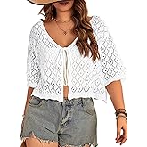 Women's Plus Size Crochet Cardigan Crop Short Sleeves Tie Front Lightweight Knitwear