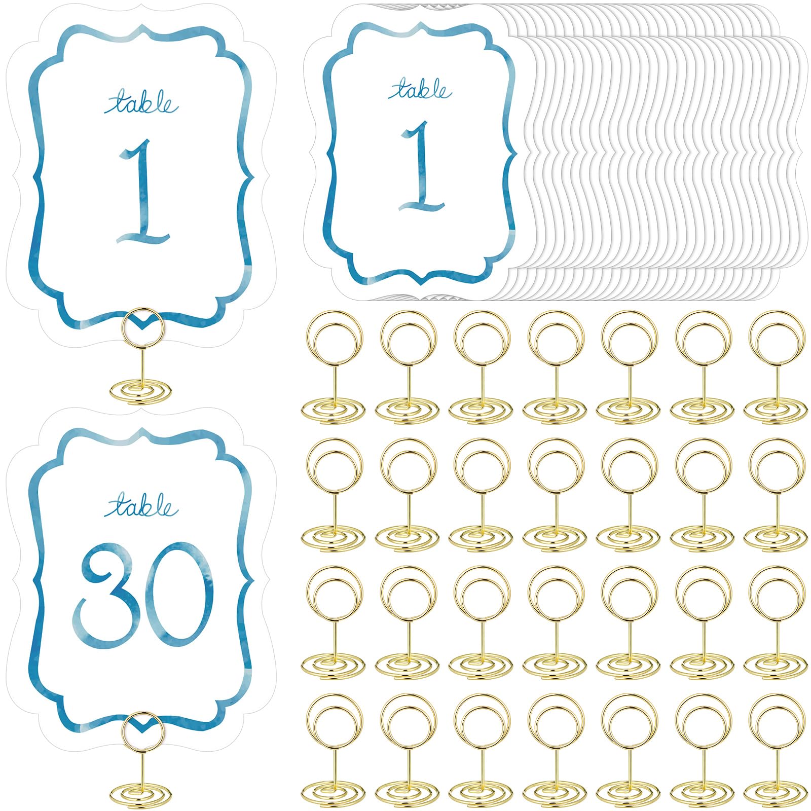 Photo 1 of 30 Set Scalloped Wedding Table Number Cards 1-30 Watercolor Blue Table Numbers Double Sided with Gold Holders for Wedding Reception Anniversary Party Event