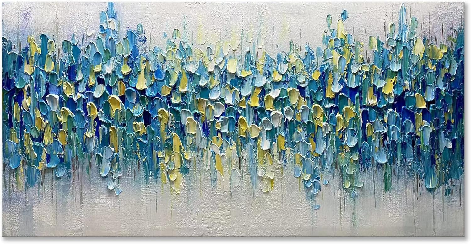 Paintings - Epicler Modern Abstract wall art, hand-painted blue textured oil paintings, framed wall art, living room, bedroom, dining room, office wall decoration 24x48 inche