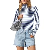 SENSERISE Womens Striped Shirts Long Sleeve Turtleneck Ribbed T Shirt Slim Fitted Lightweight Layer Tops