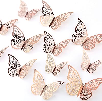 AIEX 24pcs 3D Butterfly Stickers Rose Gold 3 Sizes Wall Decals