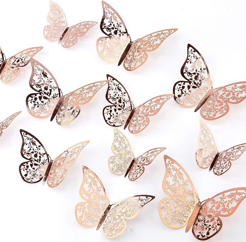 AIEX 24pcs 3D Butterfly Stickers Rose Gold 3 Sizes Wall Decals