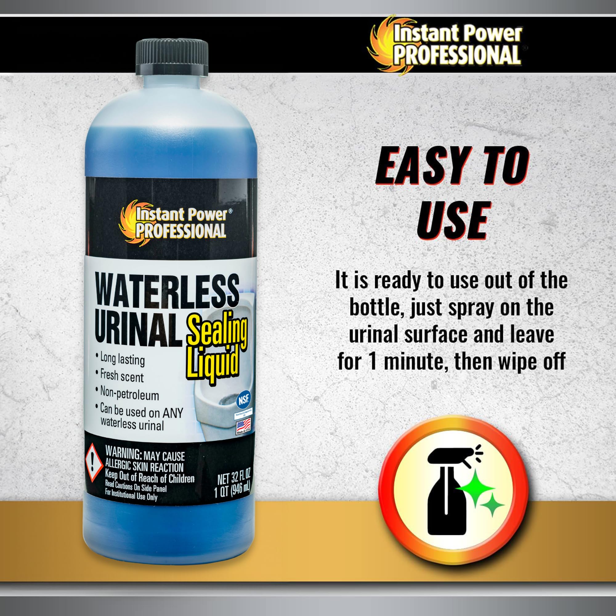 Instant Power Professional Waterless Urinal Sealing Liquid Cleaner And Deodorizer, Ready To