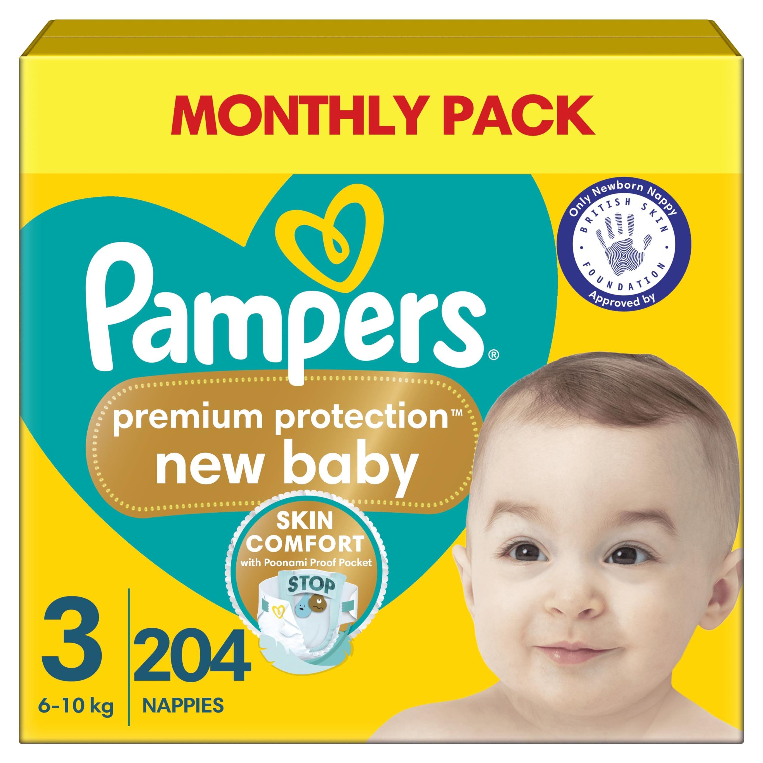 Pampers Premium Protection New Baby Size 3, 204 Nappies, 6kg - 10kg, Monthly Pack, Pampers' Nº1 Comfort & Protection For Sensitive Skin