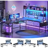 SEDETA 67" L Shaped Gaming Desk with Pegboard LED Lights and Power Outlet | Reversible Computer Desk with Keyboard Tray Hutch and Stoage Bag for Home Office, Black