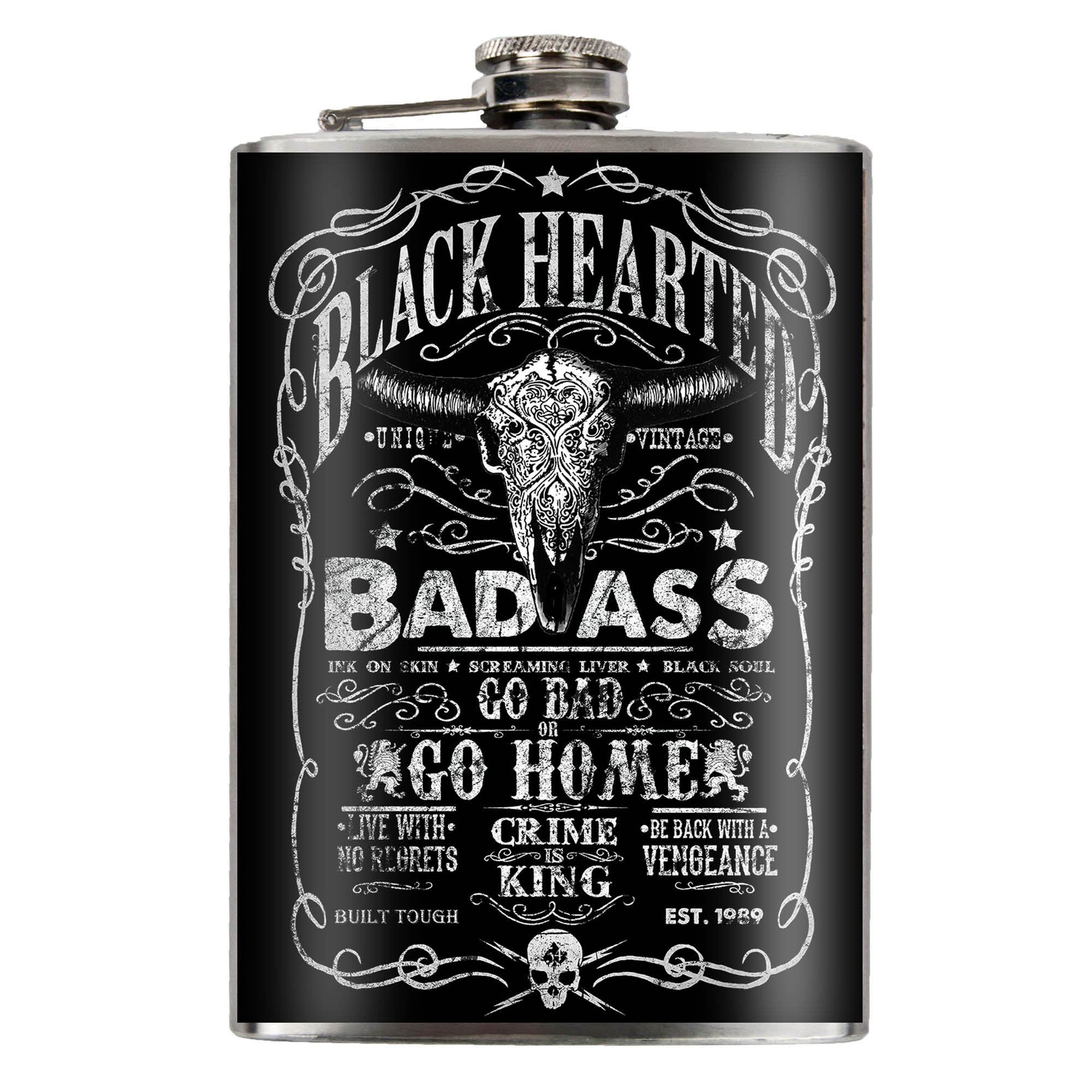 Jack's Inn 54 Hip Flask with "Bad Ass" Motif Stainless Steel Capacity 240 ml / 8 oz Silver with High-Quality Laser Engraving on The Back