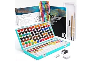CHROMATEK Watercolor Paint Set – 128 Vibrant Colors for Artists & Beginners with Palette – Includes Metallic, Fluorescent, Pastel & Opaque Shades, Brushes, Pad, Swatch Sheets & Travel Case