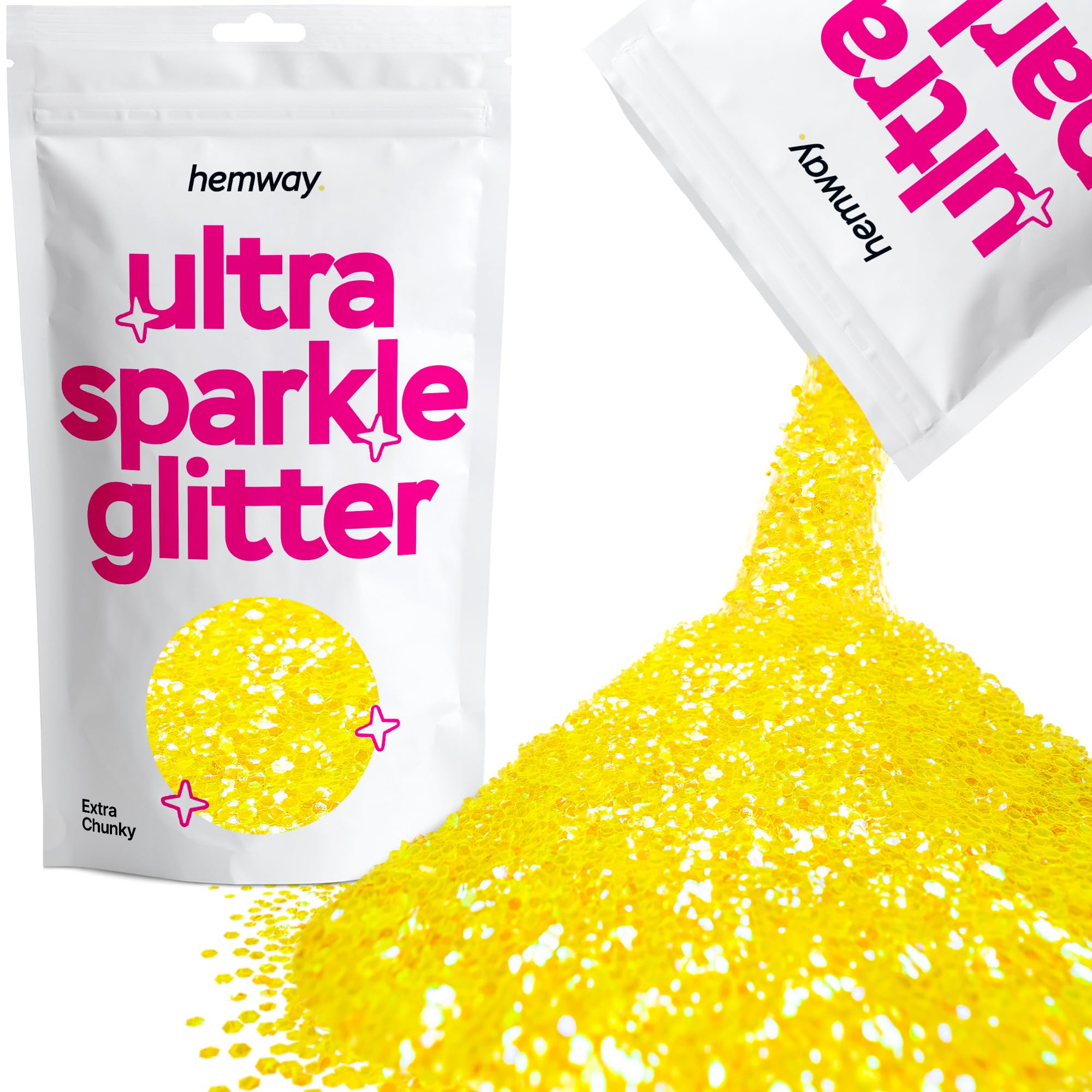 Hemway Ultra Sparkle Glitter Fluorescent Yellow 100g Extra Chunky | Glitter for Arts & Craft, Makeup, Nail Art, Crafting, Card Making, Sparkle Decoration