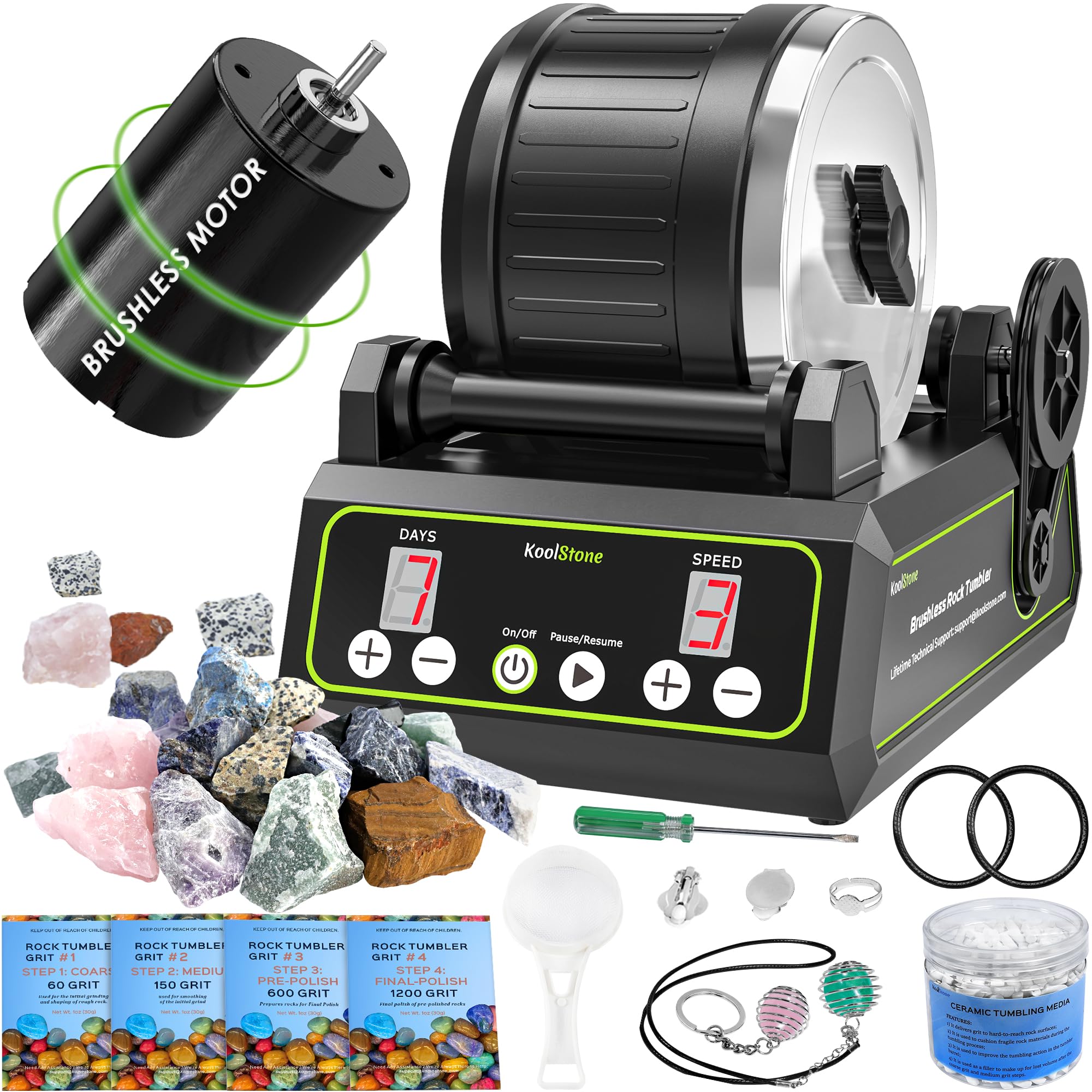 C1 Pro Brushless Rock Tumbler Kit - Professional Large 2.5LB Capacity, Up to 3X More Durable, Ultra Long Working Life Rotary Polisher with Full Accessories & Memory Function, Ideal for Adults Image
