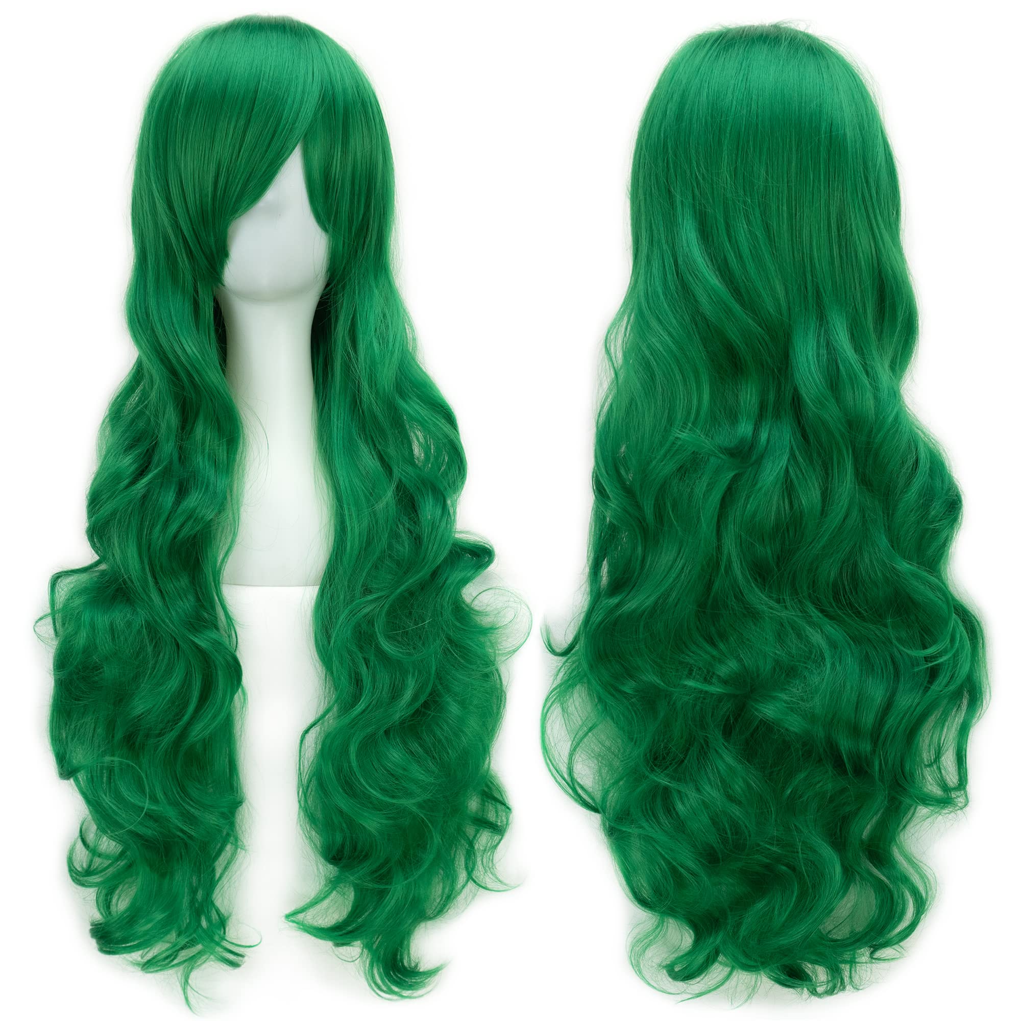 IMISSU 80cm Long Curly Natural Hair Cosplay Wig with Bangs Colorful Halloween Costume Party Wigs for Women (Bright Green)
