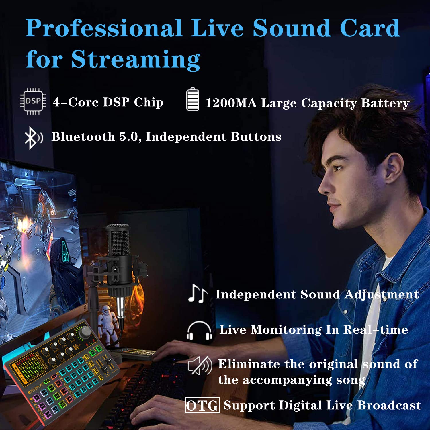 Professional Audio Mixer, K300 Live Sound Card and Audio Interface Sound Board with Multiple DJ Mixer Effects,Voice Changer and LED Light, Prefect for Streaming/Podcasting/Gaming/Recording/YouTube/PC