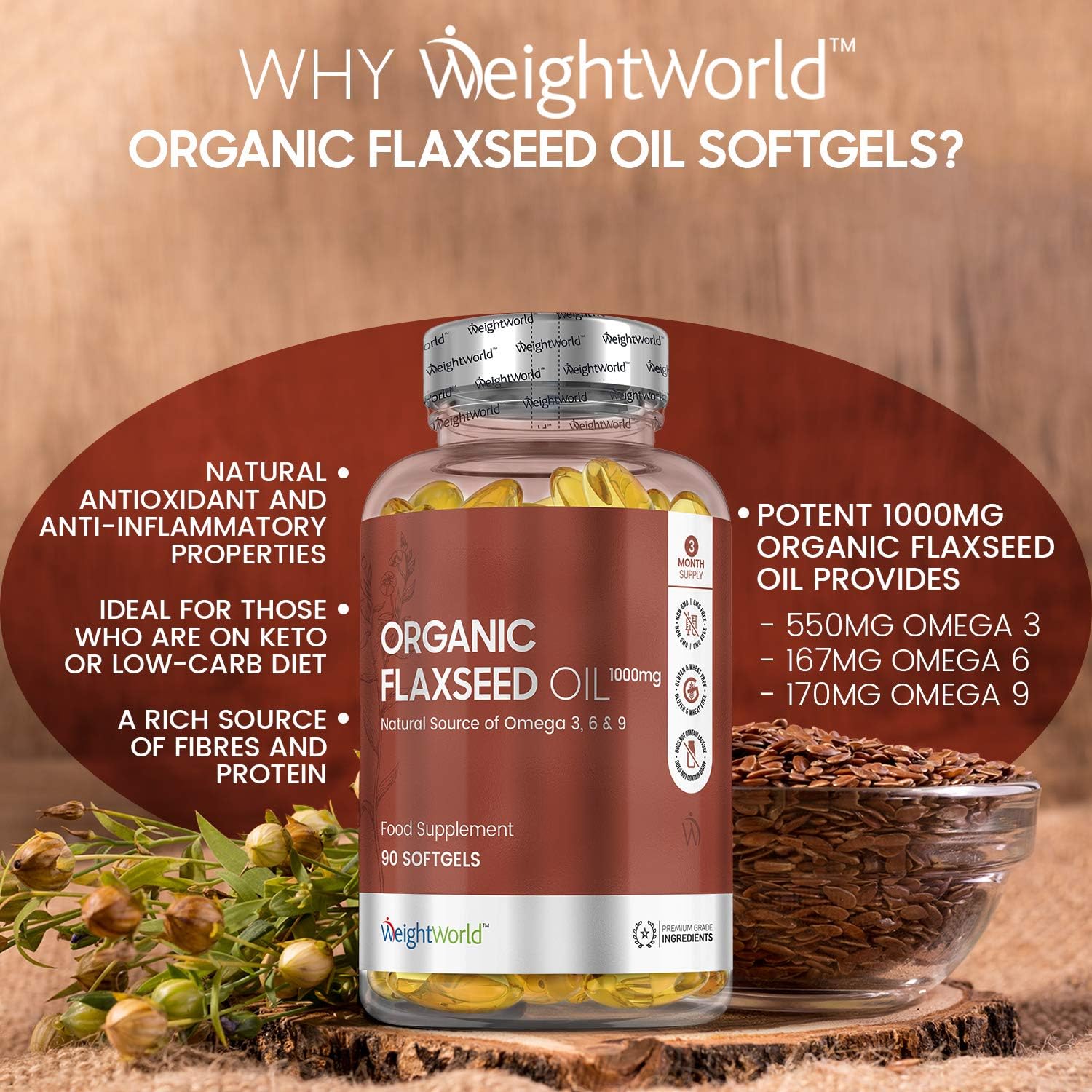 Flaxseed Oil Softgels, 180 Softgels, 1 a Day, 6 Months Supply, Cold-Pressed Omega 3 6 9 Capsules, ALA, Linoleic & Oleic Acid - Image 3