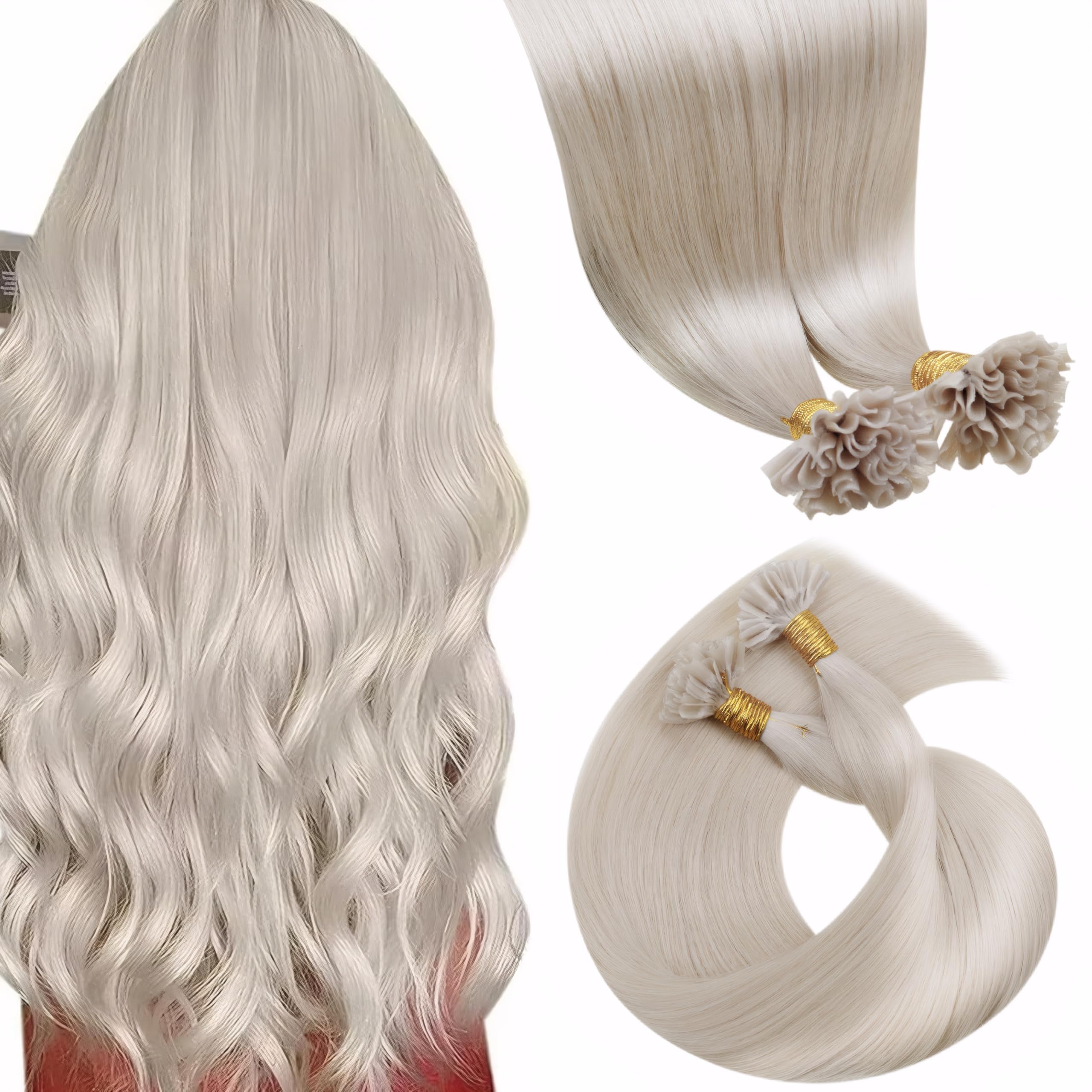 LaaVoo U Tip Hair Extensions Real Human Hair Blonde, Remy Straight White Blonde Real Hair Extensions, Hot Fusion for Invisible & Stable 50s 50g 20 Inch #60