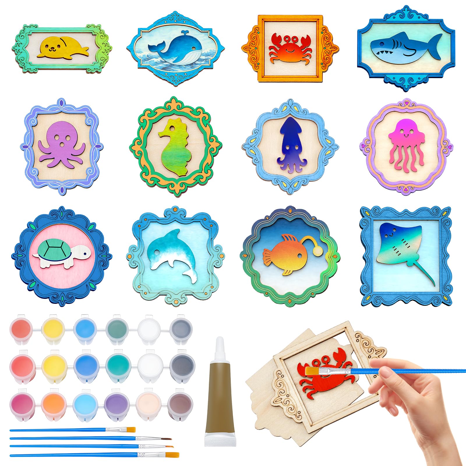 TWINKLEMON 12 Pcs Marine Animal Frames Wooden Craft, DIY Unfinished Wood Crafts for Painting, Woodens Ornaments Paint Crafts with Paint and Brush for Adult Home Decor Craft Art Party Supplies