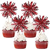30 PCS Foil Firework Cupcake Toppers Sparkle Tinsel Cupcake Picks Happy Birthday Cake Toppers Drink Stirrers Cocktail Food Fruit Toothpicks for Baby Shower Birthday Party Decorations Supplies Red