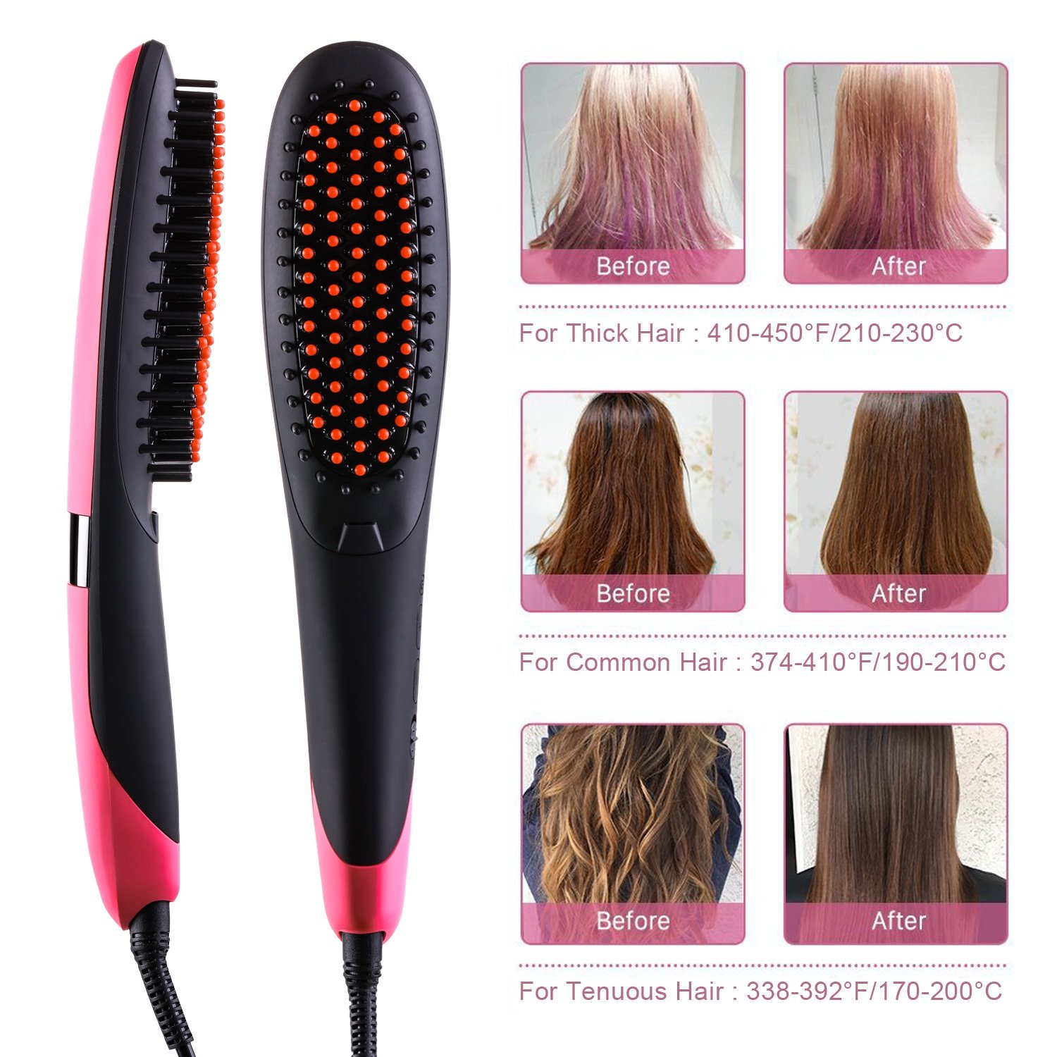 Hair Straightener Brush, INMISS Electric Ionic Ceramic Hair Straightening Brush with Auto Shut Off Temperature Lock Function - Pink
