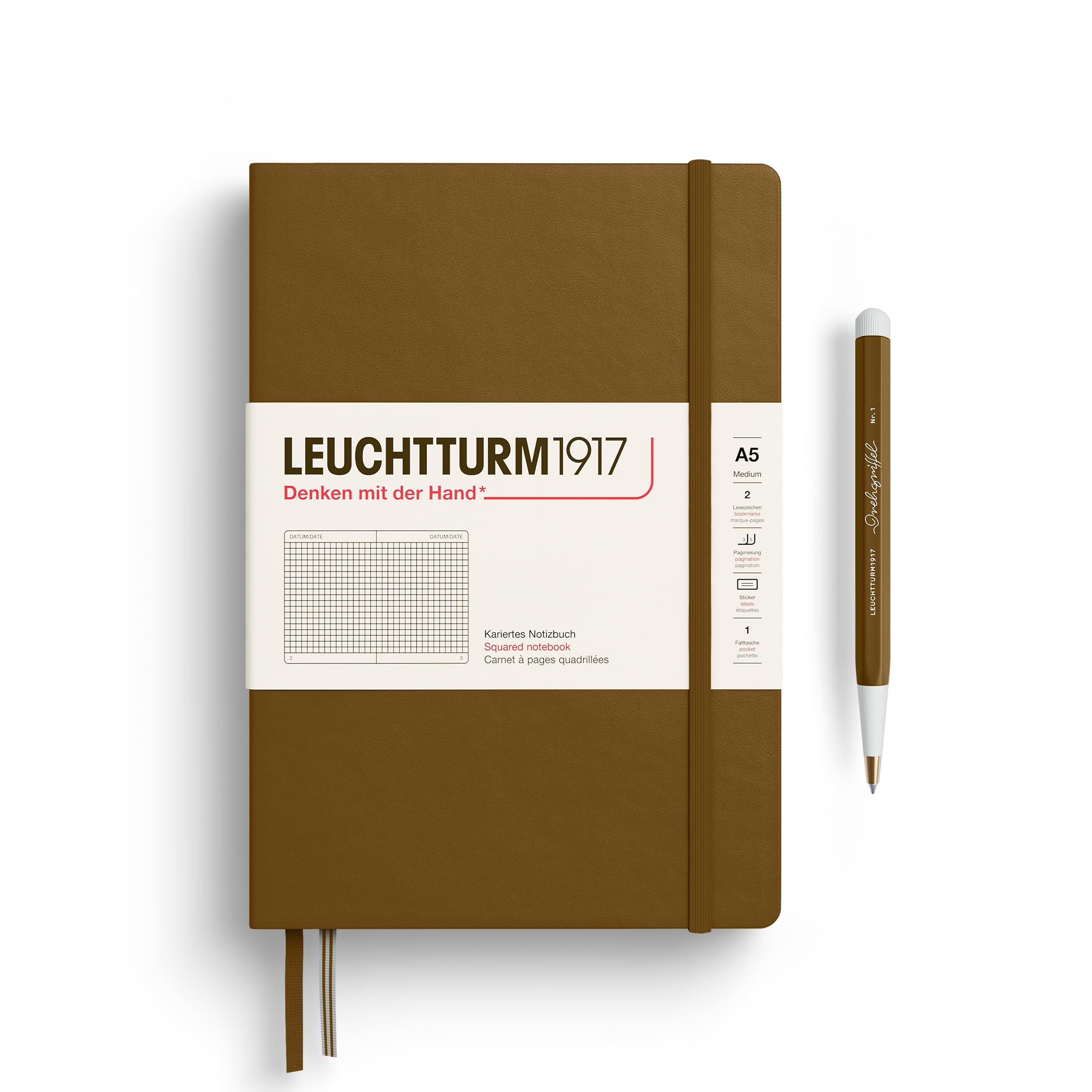 LEUCHTTURM1917 372199 Notebook Medium (A5), Hardcover, 251 Numbered Pages, Spice Brown, Squared — image 1
