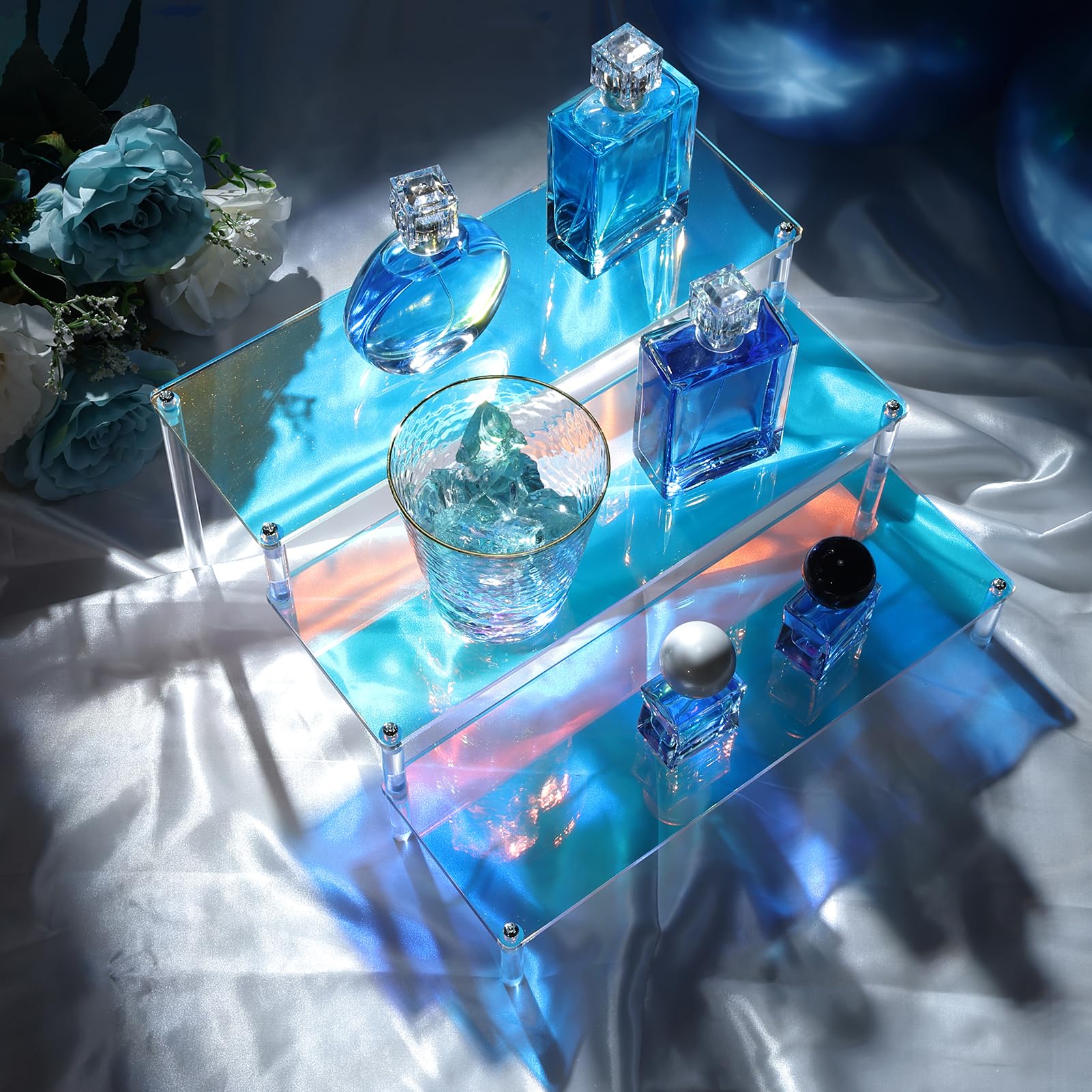 MESISEPHELE Acrylic Risers Display Stands, 2 Packs 3 Tier Rainbow Display Shelf for Cupcake Stand Perfume Organizer Anime Figures Collectibles Iridescent Display for Jewelry and Cosmetic