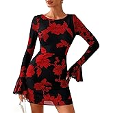 PRETTYGARDEN Women's Floral Dress Spring Fall Fashion Long Bell Sleeve Flower Mini Short Mesh Bodycon Party Dresses