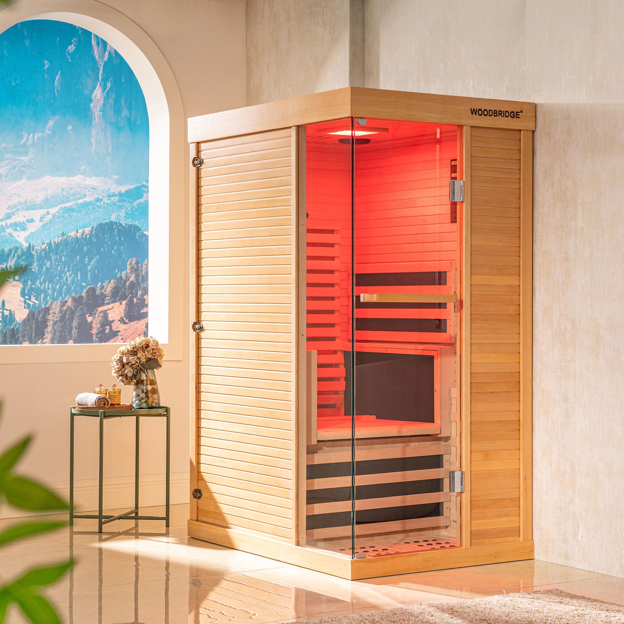 Photo 1 of **3 BOXES**WOODBRIDGE Infrared Home Sauna Room 1 Person Hemlock Wooden Indoor Sauna,7 Carbon 1560W/120V Heaters,with Led Color Therapy Light,Bluetooth Speaker,Tempered Glass,Touch-Tone Keypad and A Top Vent