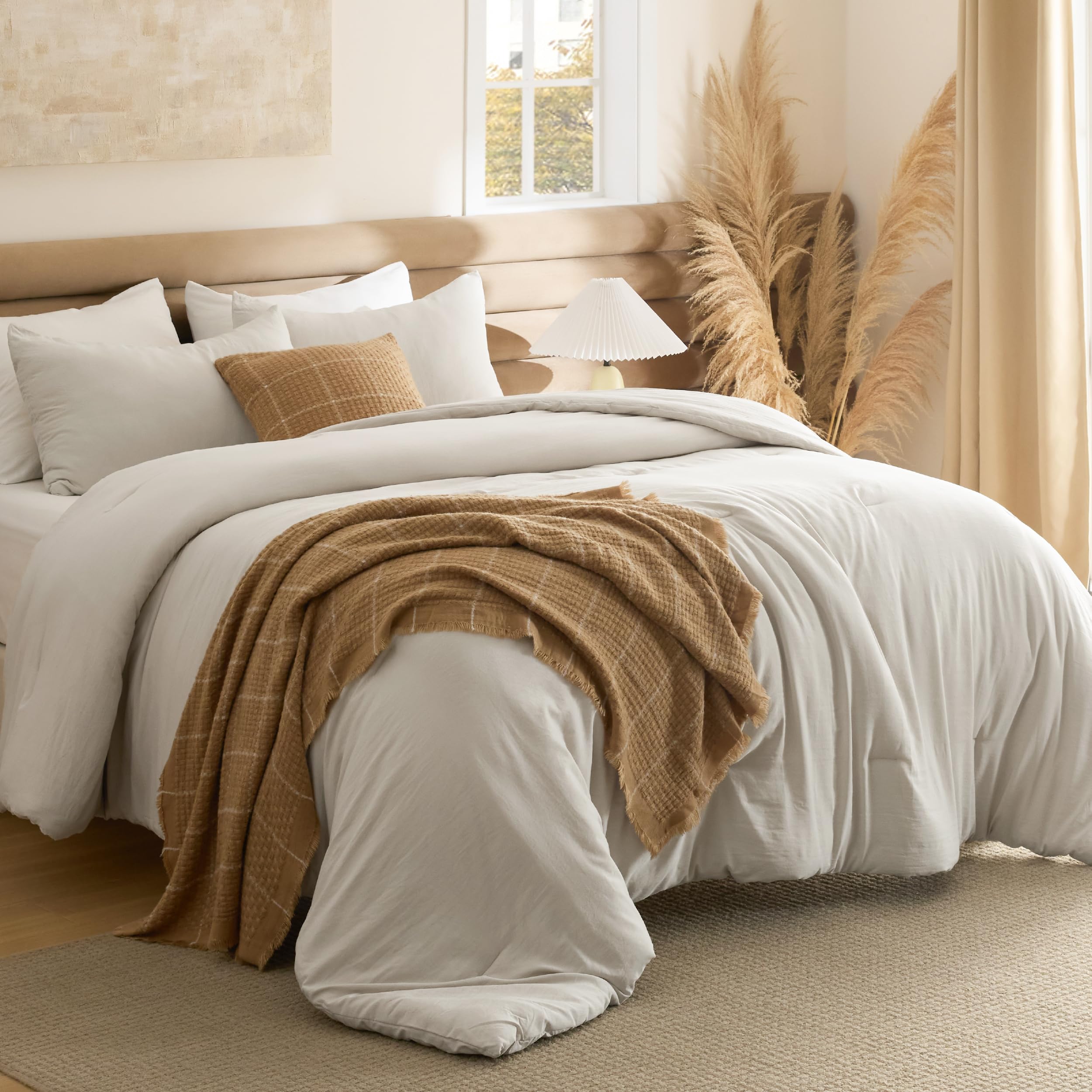 Photo 1 of Bedsure Full Comforter Set, Beige Soft Prewashed Bedding for All Seasons, 3 Pieces GentleSoft™ Bed Set, 1 Lightweight Comforter (82"x86") and 2 Pillowcases (20"x26")