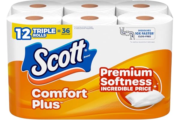Scott ComfortPlus Toilet Paper, 12 Triple Rolls, 231 Sheets per Roll, Septic-Safe, 1-Ply Toilet Tissue