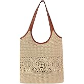 Eiyye Crochet Purse for Women Handmade Flat Woven Shoulder Purse with Wide Leather Straps Lightweight Boho Bag for Shopping Travel Daily Use