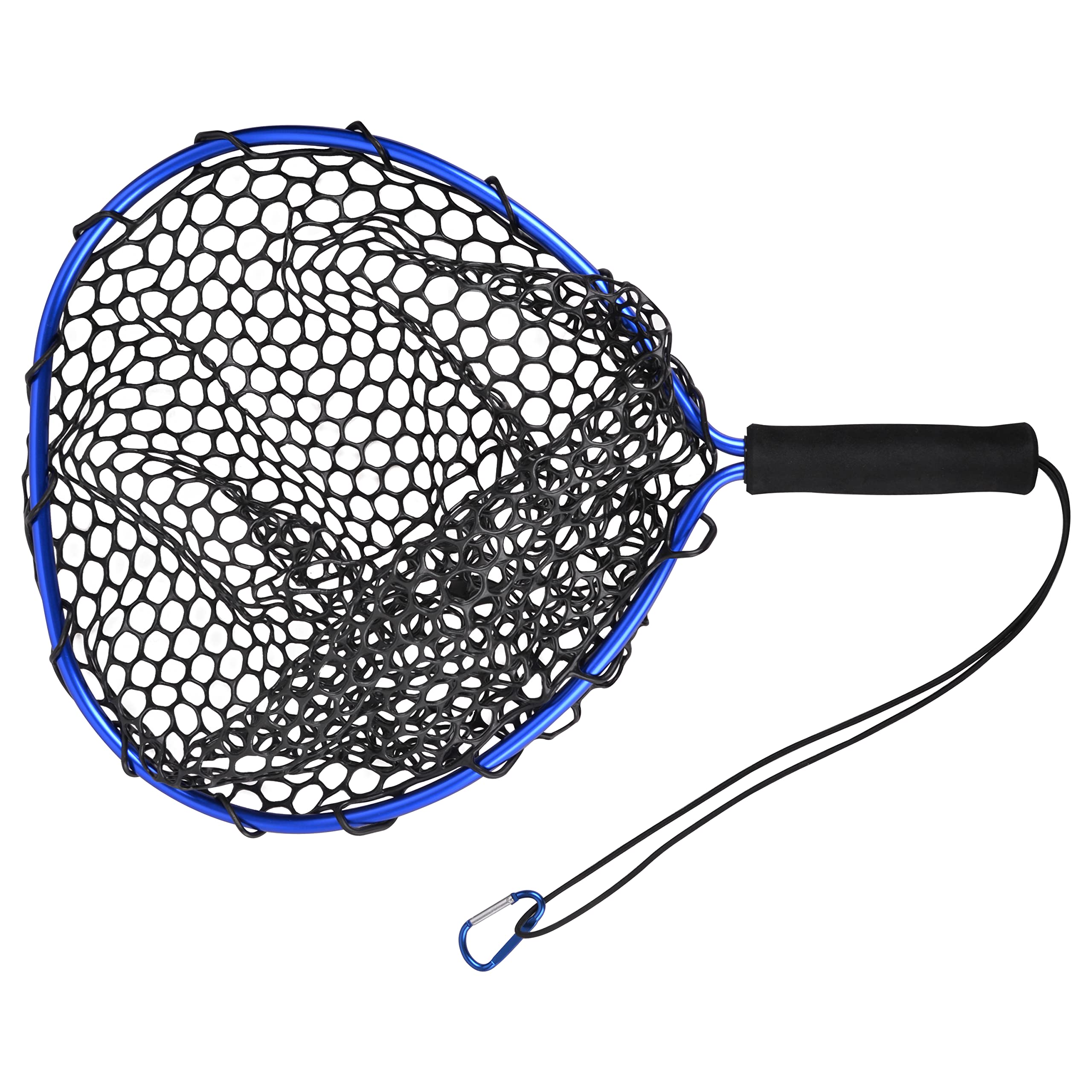 Fishing Landing Net, Rubber EVA Handle 12cm Aluminum Alloy Pole for Easy Fish Catch and Release Lightweight Portable Fishing Net with Elastic Strap and Carabiner