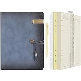 Wonderpool Leather Journal Lined Paper Notebook & Pen - Refillable 6 Ring Binder Writing Spiral Diary with Ruled Notepads Vintage Cover for Office Travel Work and Plan Agenda (A5, a-Mist blue)