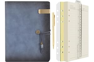 WONDERPOOL Leather Journal Lined Paper Notebook & Pen - Refillable 6 Ring Binder Writing Spiral Diary with Ruled Notepads Vintage Cover for Office Travel Work and Plan Agenda (A5, a-Mist blue)