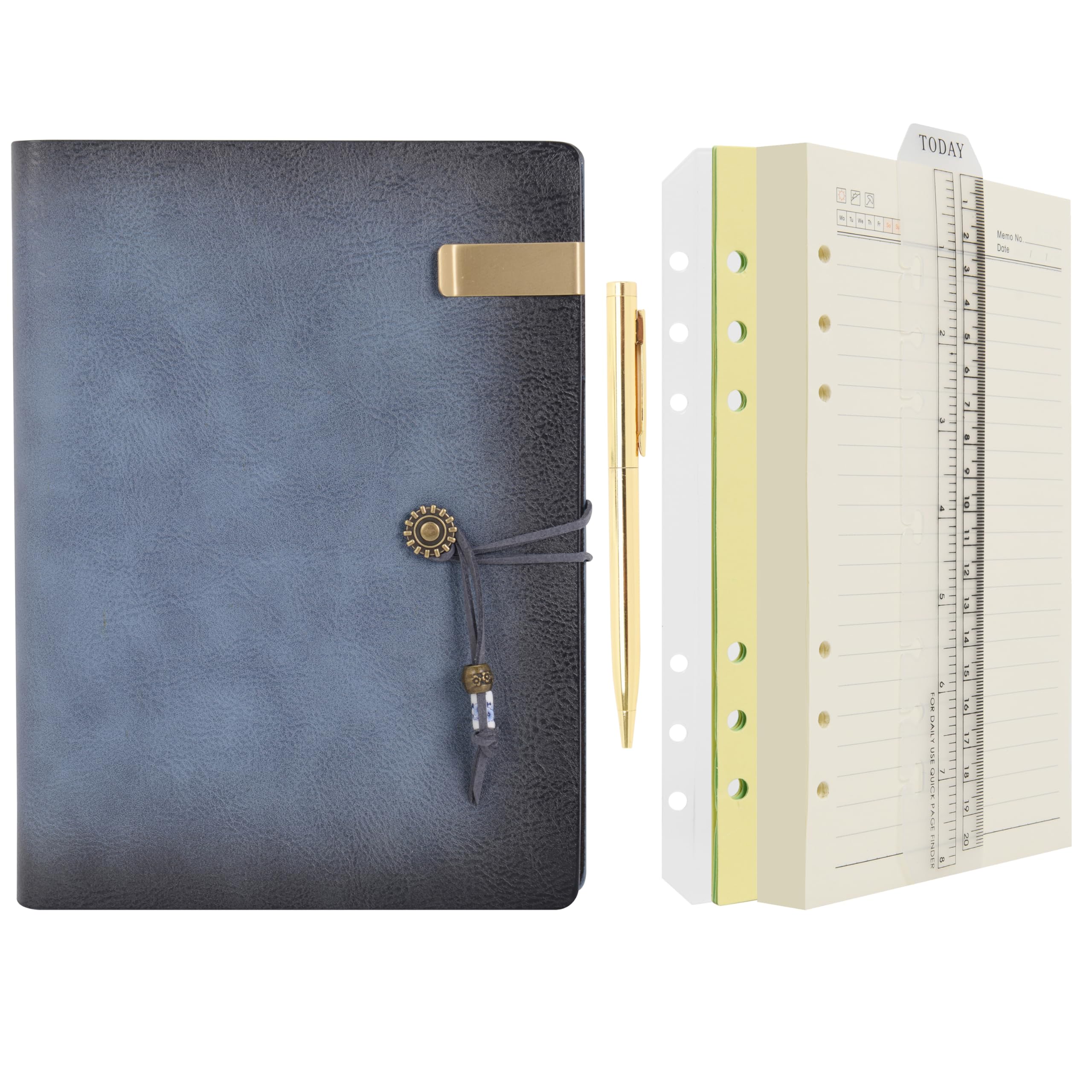 Photo 1 of Wonderpool Leather Journal Lined Paper Notebook & Pen - Refillable 6 Ring Binder Writing Spiral Diary with Ruled Notepads Vintage Cover for Office Travel Work and Plan Agenda (A5, a-Mist blue)