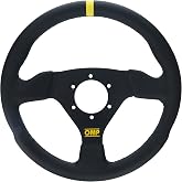 OMP Steering Wheel, Trecento Liscio, 300 mm, Flat, 3-Spoke, Black Leather Grip, Yellow Stripe, Aluminum, Black Anodized, Each
